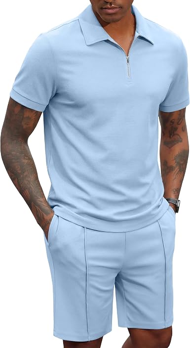 COOFANDY Men's 2 Pieces Outfits Quarter Zip Polo Shirt and Shorts Set Casual Summer Tracksuit