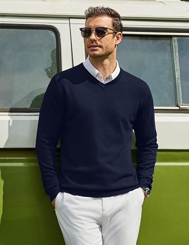 COOFANDY Mens Casual V Neck Sweater Knit Slim Fit Long Sleeve Pullover Top